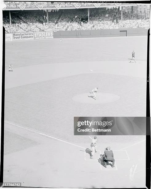 Here's the Pitch -- a Swinging Strike. Brooklyn, New York: Right hander Roger Craig throws the first pitch of the fifth World Series game. Arrows...