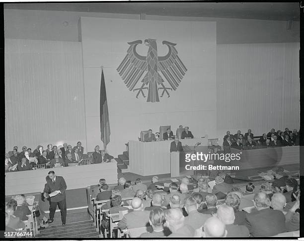 Economic Minister Addresses Bundestag. Berlin, Germany: West German Minister for Economy, Prof. Ludwig Erhard is shown addressing the 106th session...