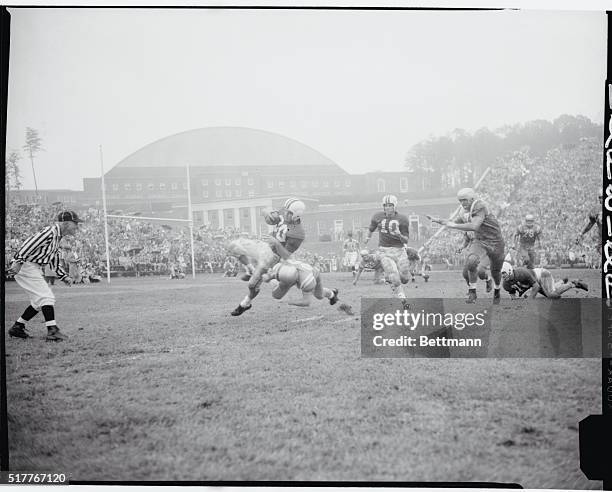 College Park, Maryland: Ed Vereb, halfback for Maryland University is shown being tackled by Hal Smith, end for U.C.L.A., during 3rd quarter of game...