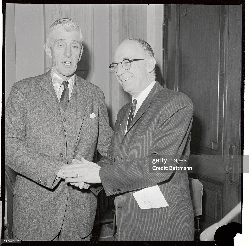 Senator Leverett Saltonstall Being Congratulated by Sen Bourke B. Hickenlooper