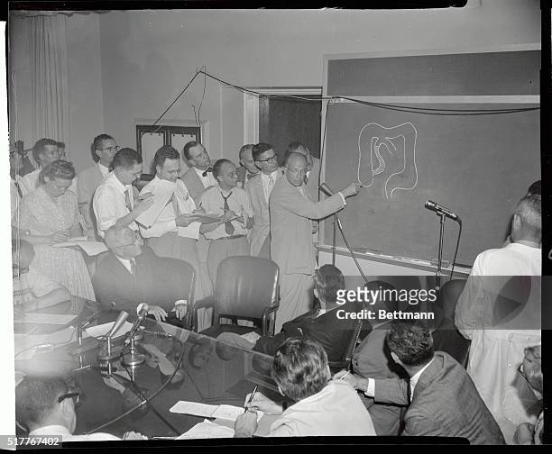 BrigadeerGeneral Leonard D. Heaton, at blackboard, President Eisenhower's chief surgeon, explains the Chief Executive's operation to a jam-packed...