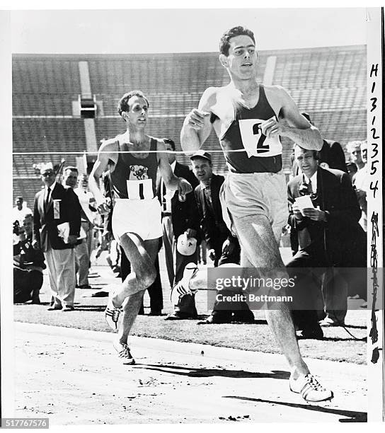 This three-picture sequence shows the action in Saturday's special race at Los Angeles Coliseum in which Jim Bailey of Australia outraced...