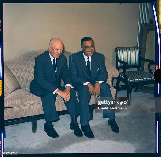 President's Chat. New York, New York: President Eisenhower confers with President Gamal Abdel Nasser, of the United Arab Republic, in the...