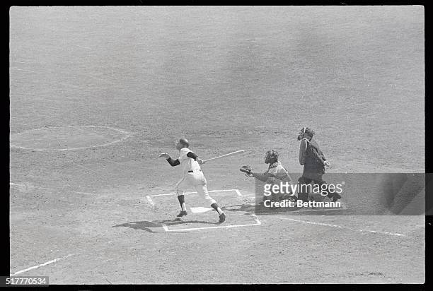 San Francisco Giant's Harvey Kuenn belts the first home run out here, in the Giants-Los Angeles game. Willie Mays also homered over right field...