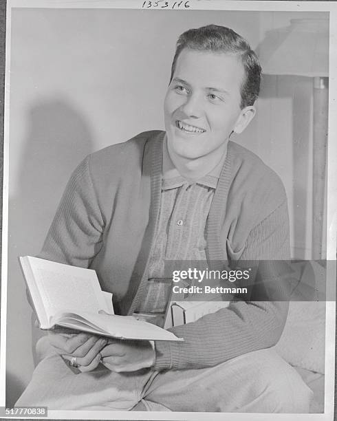 Pat Boone at the Savory Hotel where he held his first press conference before his tour of Great Britain.