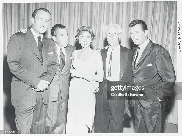 Left to right: George Sanders, Ed Sullivan, Ida Lupino, Richard Hearne, and Howard Duff on the Ed Sullivan Show "Toast of the Town".