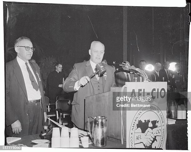 George Meany, President of the AFL-CIO is shown in his keynote speech to 1,200 delegates at the Annual Convention in Atlantic City. Meany declared...
