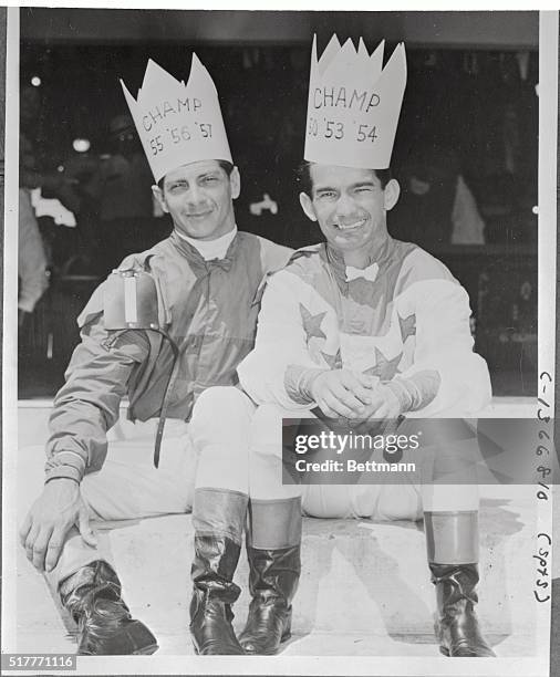 Jockeys Bill Hartack, left, and Willie Shoemaker, right, get together at Gulfstream Park where they will ride in the Race of Champions today. Hartack...