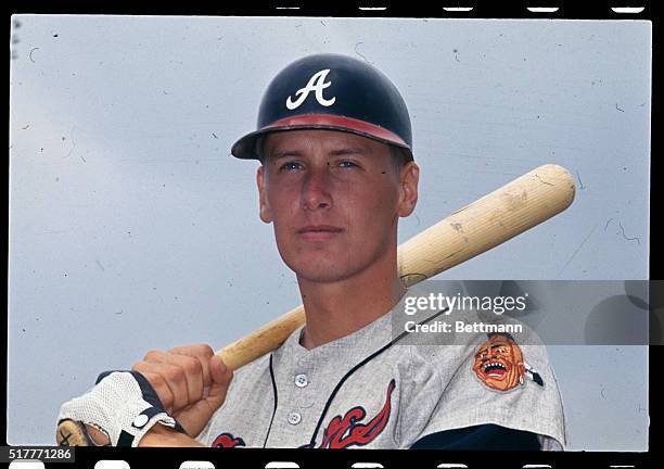 This is a close up of Woody Woodward, an Atlanta Braves' infielder, during Spring Training.