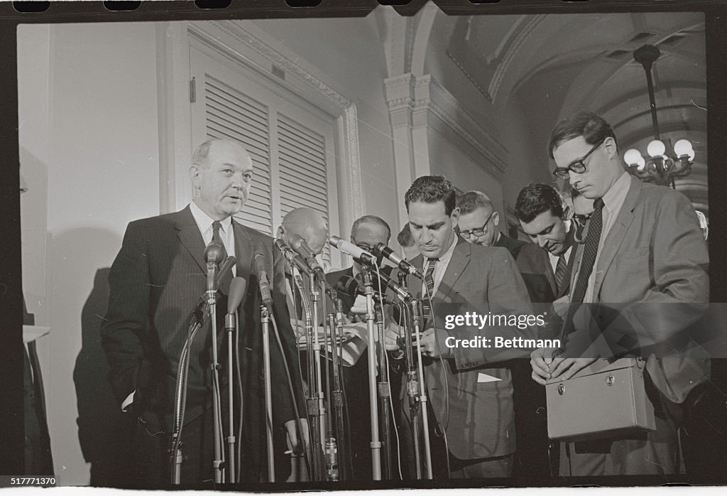 Secretary of State Dean Rusk is shown as he talks to reporters after ...