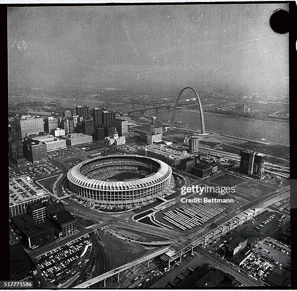 Air view of Busch Stadium during Cards-Red Sox World Series game here, it also shows a portion of famed Gateway Arch, at right. More than 53,000...