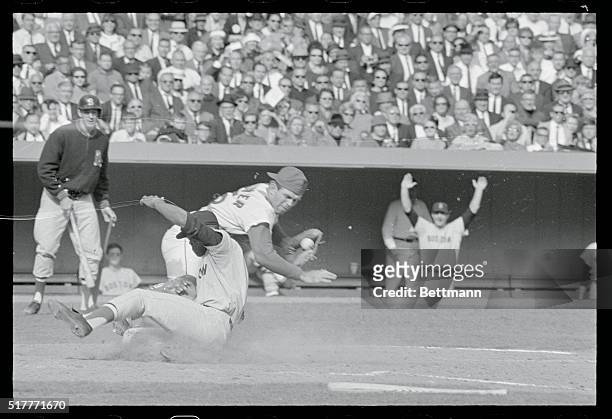 Busch Stadium: Reggie Smith, Red Sox, scores 2nd run of 9th inning after Elston reached out and poked a pop-fly hit to right with runners on 2nd and...