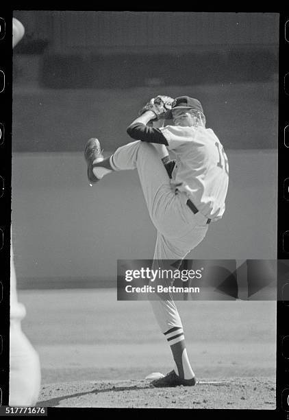 Busch Stadium: Boston's ace hurler, right hander Jim Lonborg cranks up to hurl one toward plate during game against Cardinals here in the 5th game of...