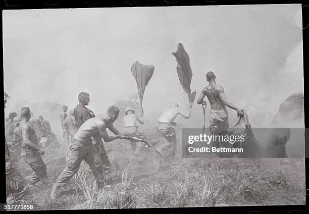 Different fire fight for members of 3/327th of the 101st Airborne when they had to take their shirts off to put put a serub fire caused by an air...