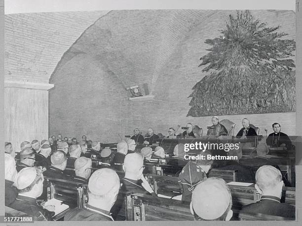 Pope Opens Session of Bishops' Synod. Vatican City, Italy: In what once was a cellar of the Apostolic Palace, Pope Paul VI opens the first session of...