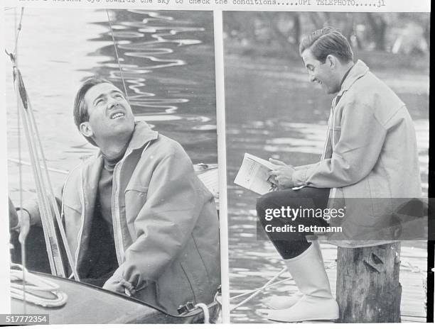 Prior to setting off for today's race in the World Dragon Class Championships, King Constantine of Greece sits on the end of the pier next to his...