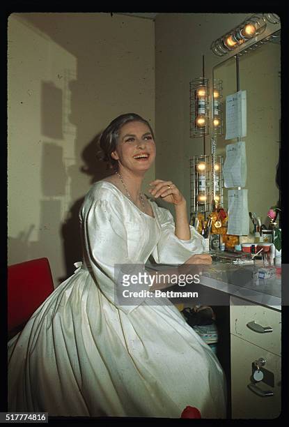 Los Angeles, CA: Actress Ingrid Bergman in her dressing room at the Ahmanson Theater of Los Angeles Music Center following her opening night...