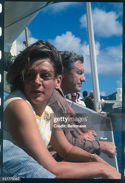 New York Governor Nelson Rockefeller and his wife Happy relax at the rail aboard the S.S. Independence during the 1967 Governor's Conference.