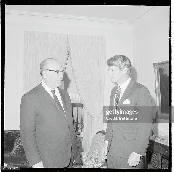 Sen. Robert F. Kennedy chats with visiting Israeli Prime Minister Levi Eshkol during a meeting at the Plaza Hotel here.