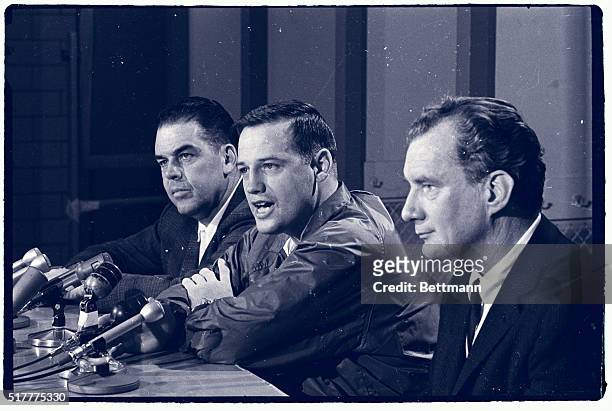 Sam Huff , middle linebacker of the Washington Redskins, is shown at a news conference today at which he announced his retirement from professional...