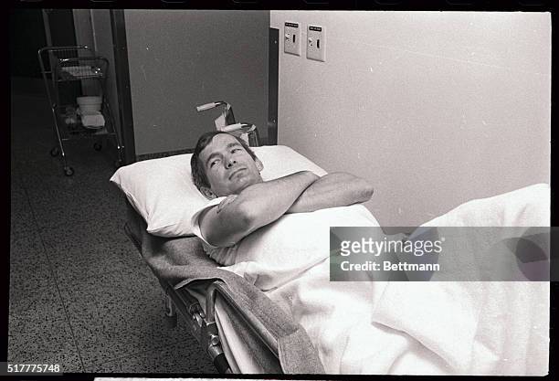 Jockey Willie Shoemaker, America's famed stakes rider, lies on a stretcher at Arcadia Methodist Hospital after breaking his right leg in the second...