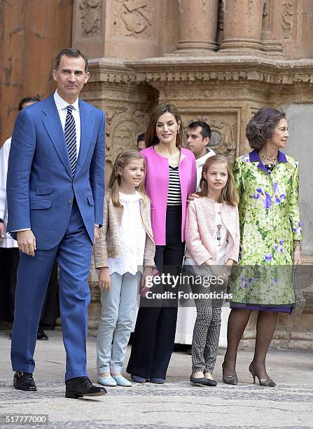 King Felipe VI of Spain, Princess Leonor of Spain, Queen Letizia of Spain, Princess Sofia of Spain and Queen Sofia attend the Easter Mass at the...