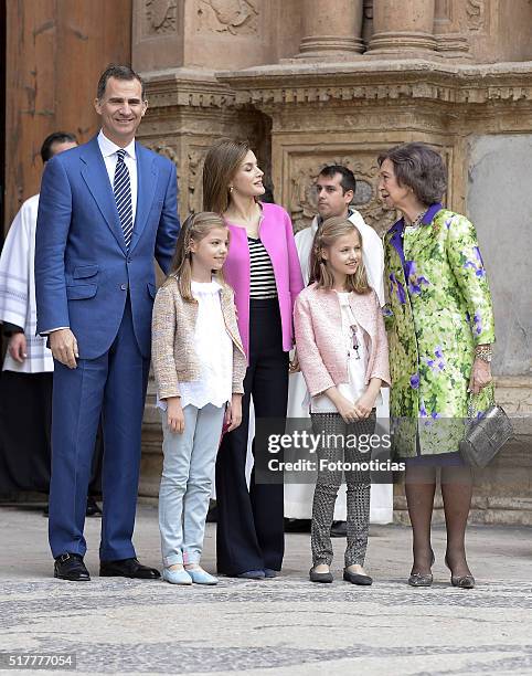 King Felipe VI of Spain, Princess Leonor of Spain, Queen Letizia of Spain, Princess Sofia of Spain and Queen Sofia attend the Easter Mass at the...