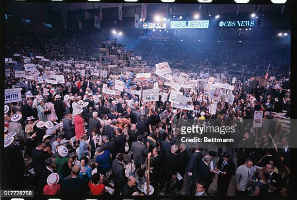 San Francisco, California: General view as delegates to the 1964 Republican National Convention demonstrate for Sen. Margaret Chase Smith, when her...