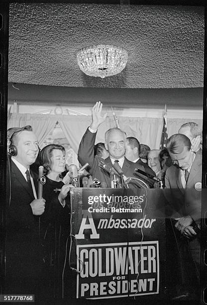 Victory for Goldwater. Los Angeles, California: Senator Barry Goldwater waves a fist in victory as he claims triumph over Governor Nelson Rockefeller...