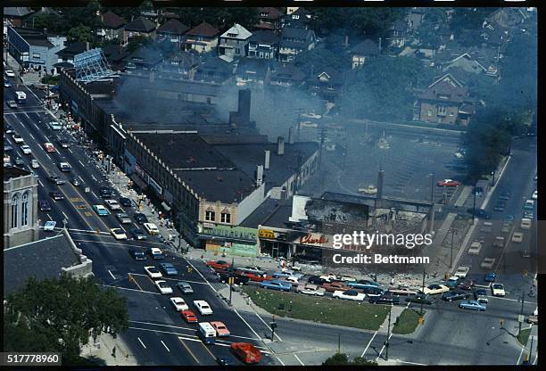 Here is an aerial view of furniture smoulders in the riot area of Detroit's west side. Atleast 23 persons have been killed and more than a thousand...