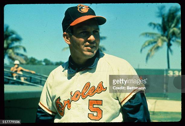 This is a close up of Brooks Robinson, Baltimore Orioles' infielder, during Spring Training.