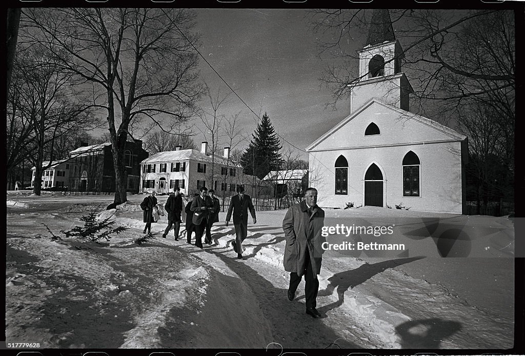 Governor George Romney and Newsmen Walking past Church