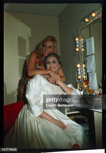 Los Angeles, CA: Actres Ingrid Bergman with her daughter Pia Lindstrom, September 12th, in dressing room at the Ahmanson Theater of Los Angeles Music...
