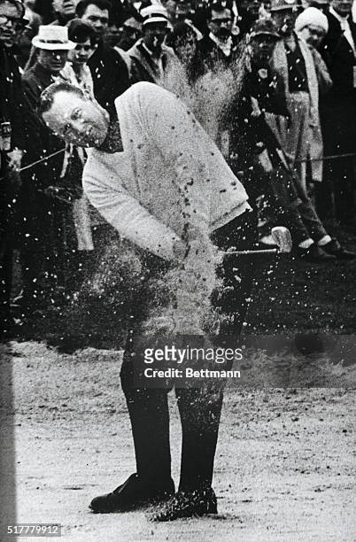 Photo shows Billy Casper of Bonita, California, as he blasts from a trap on 2nd hole at Pebble Beach during the final round of the Bing Crosby Pro-Am...