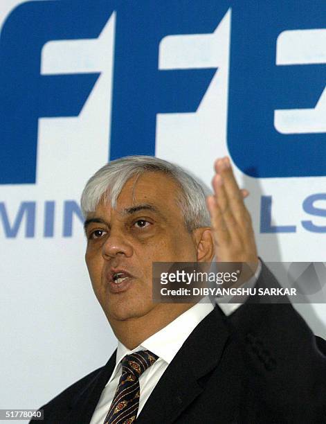 The Managing Director and Chief Operating Officer of Fuller F.L.Smidth Engineering Rudy Edge gestures as he addresses a news conference in Madras, 23...