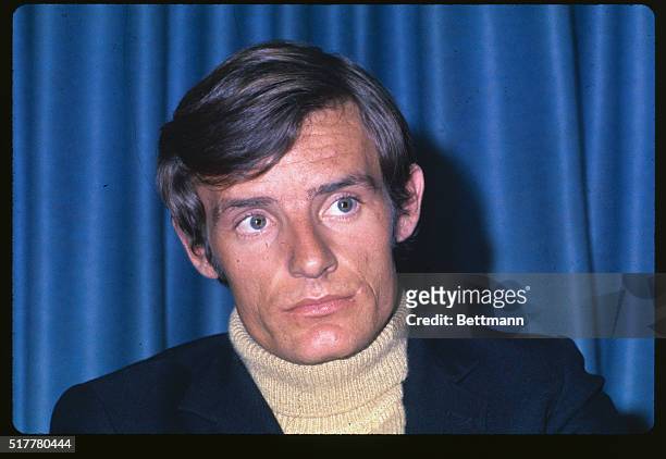 Closeup of triple Olympic champion Jean-Claude Killy at John F. Kennedy airport where he is en route to Aspen, Colorado for a ski competition.