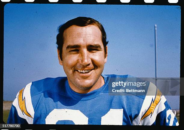 John Hadl, of the San Diego Chargers, in shown in uniform on the football field in a head and shoulders shot.