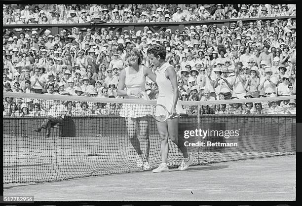 Wimbledon: Top seed Chris Evert of the United States all smiles as she is congratulated by second seed Evonne Cawley of Australia. Miss Evert won the...