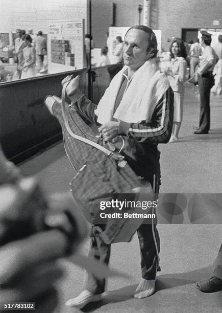 Montreal, Canada: Boris Onischenko Leaves The Olympic event. A dejected Boris Onischenko, from Russia, leaves the Olympic Modern Pentathlon event...