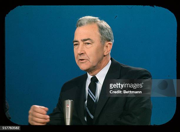 Washington, DC: Close up of Senator Eugene McCarthy, , appearing on television interview show Meet The Press, where he charged that the Johnson...