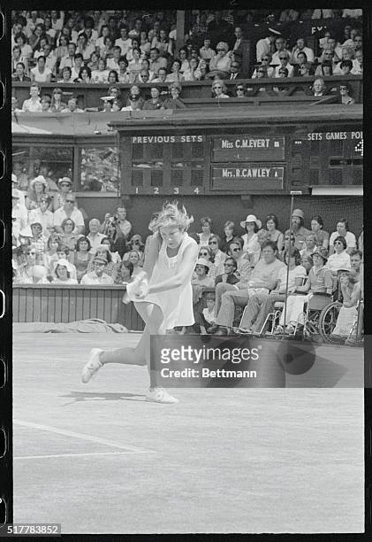 Wimbledon: Chris Evert of the United States fires in double-handed backhand during her Ladies' Singles final match against Evonne Cawley.