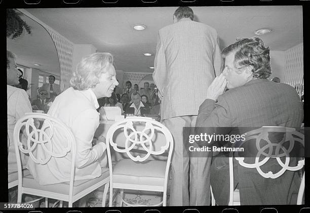 New York: Ethel Kennedy, widow of Sen. Robert F. Kennedy, and Sen. Ted Kennedy whisper to each other at press conference called to announce the fifth...