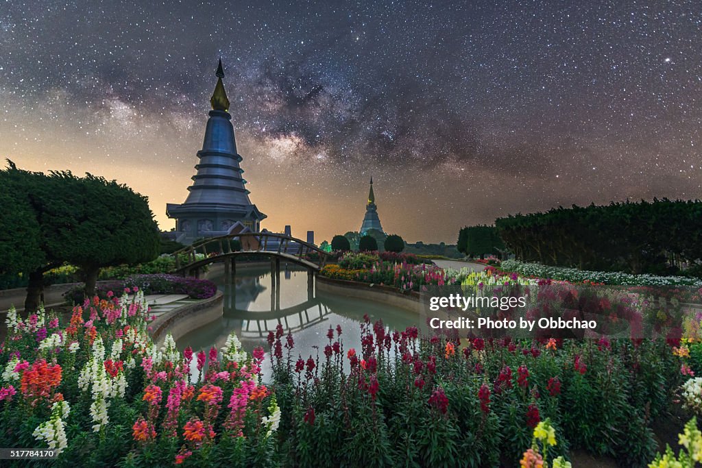 Thailand milky way, Landscape of two pagoda on the top of Inthanon mountain, Chiang Mai, Thailand.