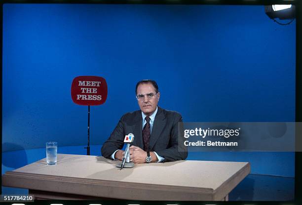 Washington, D.C.: Close ups of Republican Robert N. Giaimo, chairman of the House Budget Committee, appearing on the television show Meet the Press.