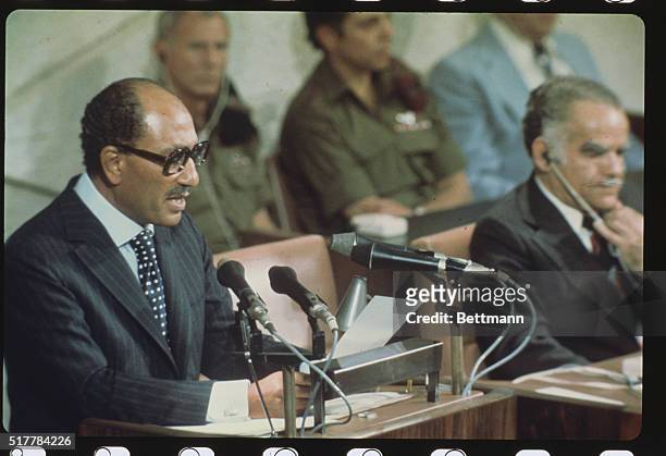 Egyptian President Anwar Sadat addresses Parliament.