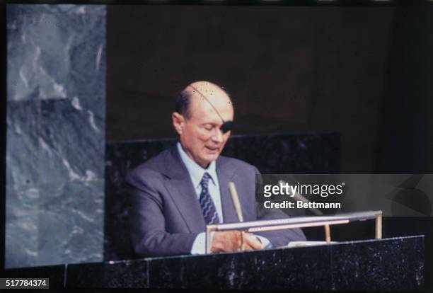 Defense Minister during the Six-Day War in 1967, Moshe Dayan the Israeli Foreign Minister addresses the United Nations.