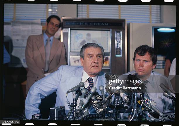 Chief of Detectives John Keenan and Deputy Police Commissioner Frank McLaughlin look frustrated as they answer newsmen's question concerning progress...