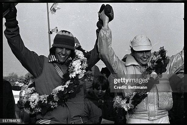 Eric Heiden of Madison, Wisconsin and Karin Enke, of East Germany, celebrated after winning titles in the 1980 World Sprint Speed Skating...