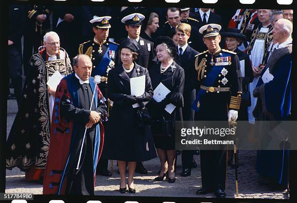Queen Elizabeth, Duke of Edinburgh, Prince Charles, Queen Mother Elizabeth, and others leave Westminster Abbey after the Lord Mountbatten funeral...