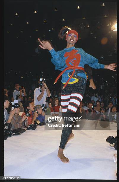 Paris: Japanese designer Kansai Yamamoto offers skin tight knit pants and long tunic tops during showing of his 1980-1981 Fall-Winter ready to wear...